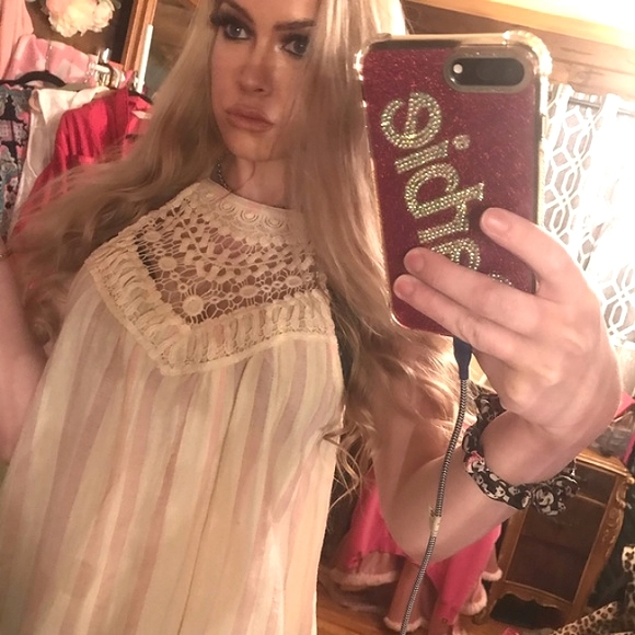 Large Listicle Baby Pink & White Striped Tank Top With Lace Deatailing - Picture 2 of 13